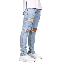 Men Jeans Stretch Destroyed Ripped Design Fashion Ankle Zipper Skinny Jeans For Men E5020
