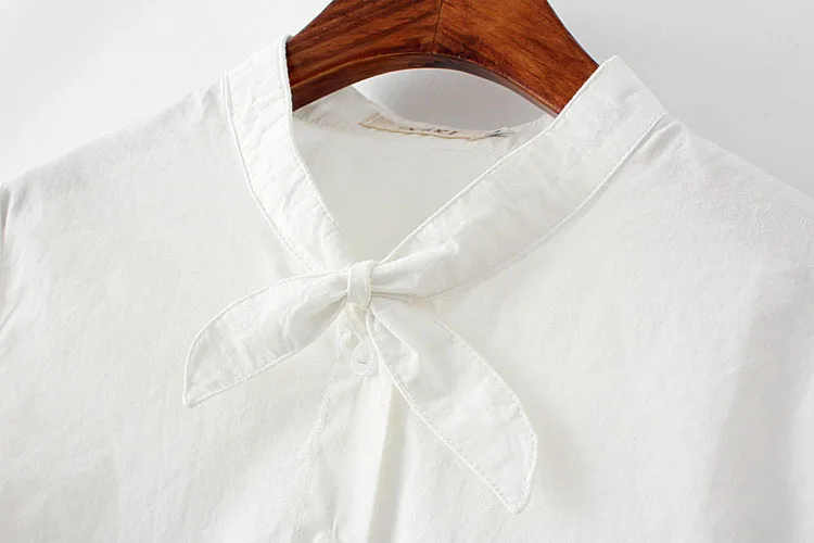 Лето-осень, Женская белая блузка с бантом, милые женские топы, Повседневная рубашка с длинным рукавом, хлопковая блузка, рубашка, одноцветная, Camisa Feminina