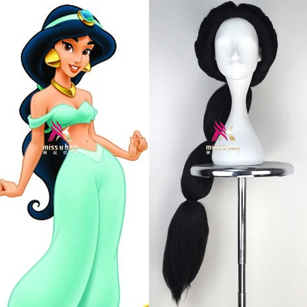 Günstig Neue Jasmin Cosplay kostüm Perücke Schwarz Lange Haar Aladdin und die Magie Lampe Rolle Spielen Halloween Geflochtene Haar + perücke kappe