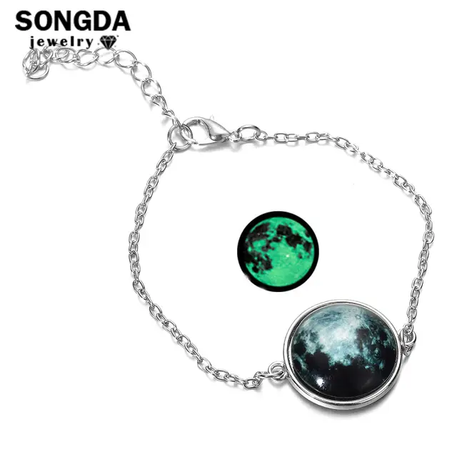 Songda 2018 Fashion Fluorescent Chain Bracelet Men 12 Kinds Round Galaxy Planet Image Dome Glow In The Dark Bracelets For Women - 