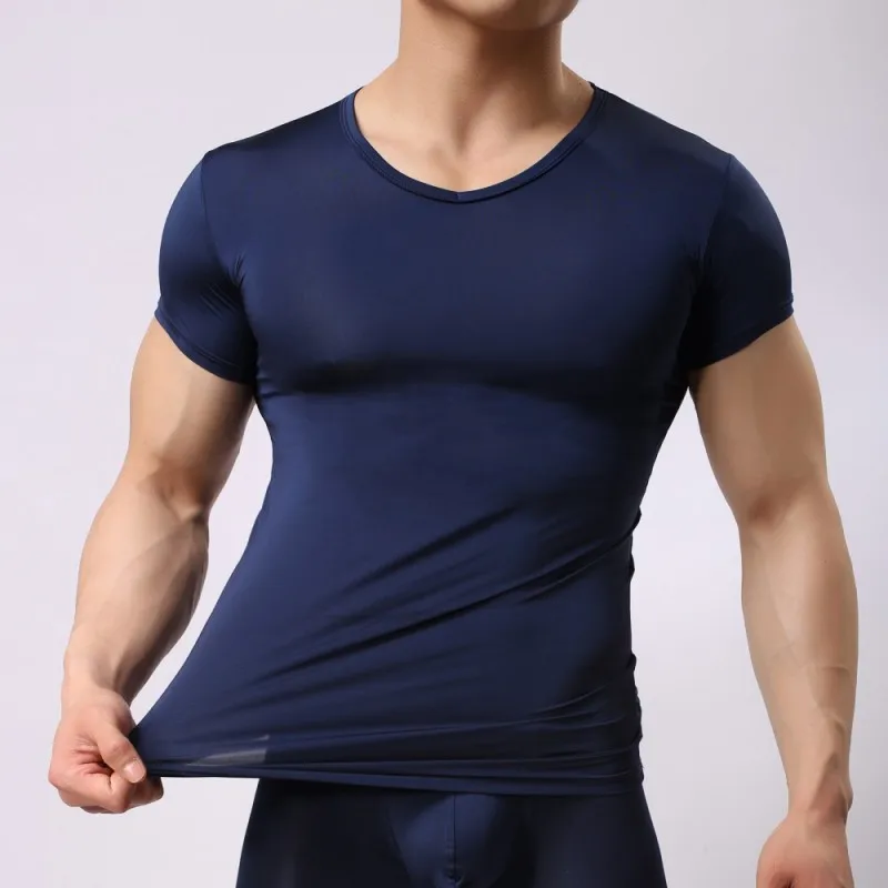 

Male Shapers Undershirts Men Sexy Sheer Ice Silk Undershirt Mens Seamless Transparent Shirt Gay Fitness Underwear Nightwear