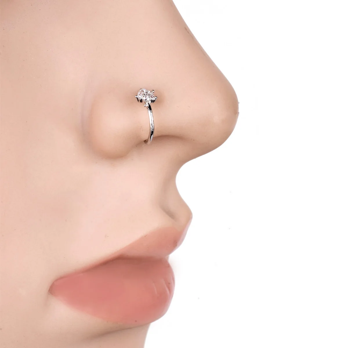 Small Thin 5 Clear Crystals Flower charm Nose Silver Hoop Stud Ring jewelry
