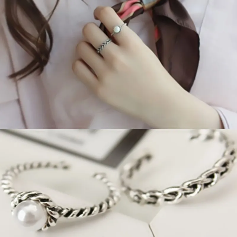 

nj208 2 pcs / set Bijoux Personality Silver Antique Ring Simulated Pearl Fashion Rings Set For Women Jewelry Gift Reto Rings