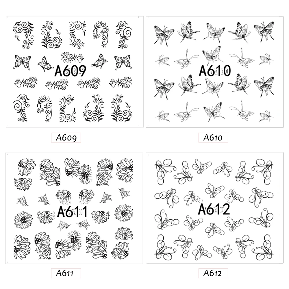12 видов конструкций, Черная кружевная Цветочная наклейка, наклейки для дизайна ногтей, наклейки для маникюра, переводные наклейки для дизайна ногтей, для женщин, макияж, набор из фольги, A601-612