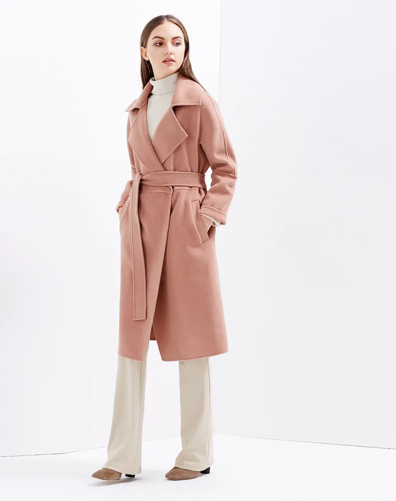 Rabattu 2018 Couleur De Irinaw910 Femmes Caramel Longue Double Col Caramel beige Ceinturée Main Nouveauté gray Manteau Fait Gray Face Pink Laine 57Zn87x