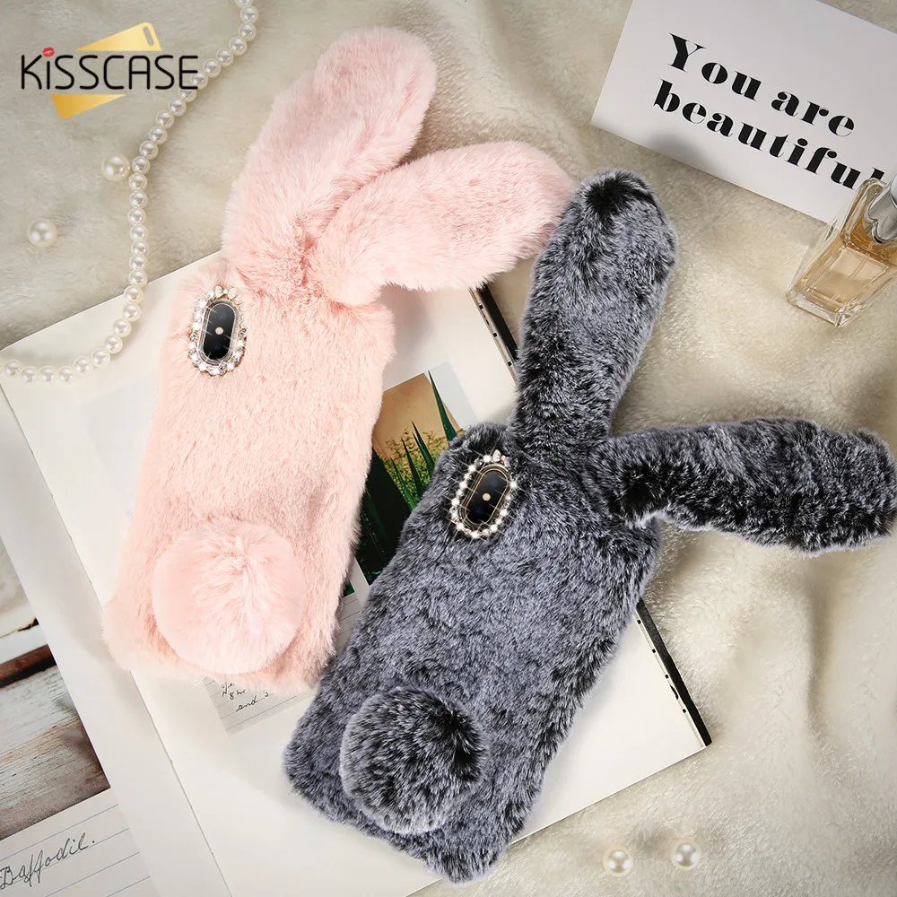 

KISSCASE Fur Case For iPhone 6 7 Plus Cases Cute Glitter Pink Rabbit Fur Case For iPhone 5S SE 5C 4S Black Cover for iPhone X