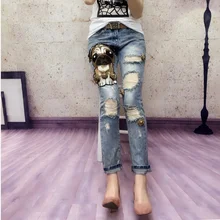 Осенняя Женская высокая уличная мода тонкие рваные аппликации животных отбеленные прямые джинсы брюки женские индивидуальные брюки