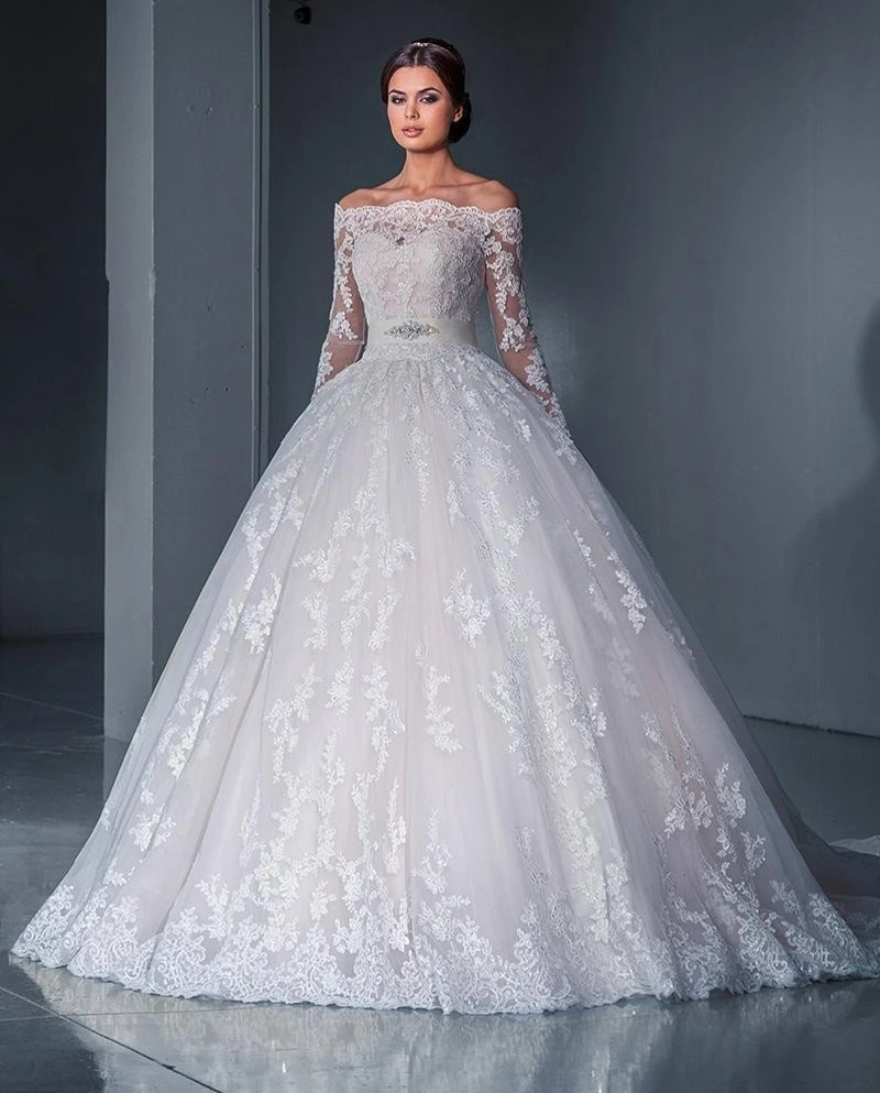 

Vestidos de Noiva 2018 Ball Gown Lace Wedding Gowns Long Sleeves Off Shoulder Tulle Puffy Princess Bride Dress Casamento Mariage