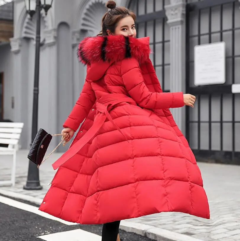 Женское зимнее ветрозащитное теплое пальто, длинная куртка с большим меховым воротником, приталенная куртка с поясом Parker, верхняя одежда с капюшоном