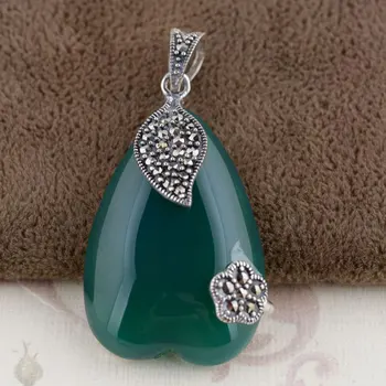 

FNJ 925 Silver Pendant New Fashion Green Chalcedony Stone 100% Original S925 Thai Silver Pendants for Women Men Jewelry Making