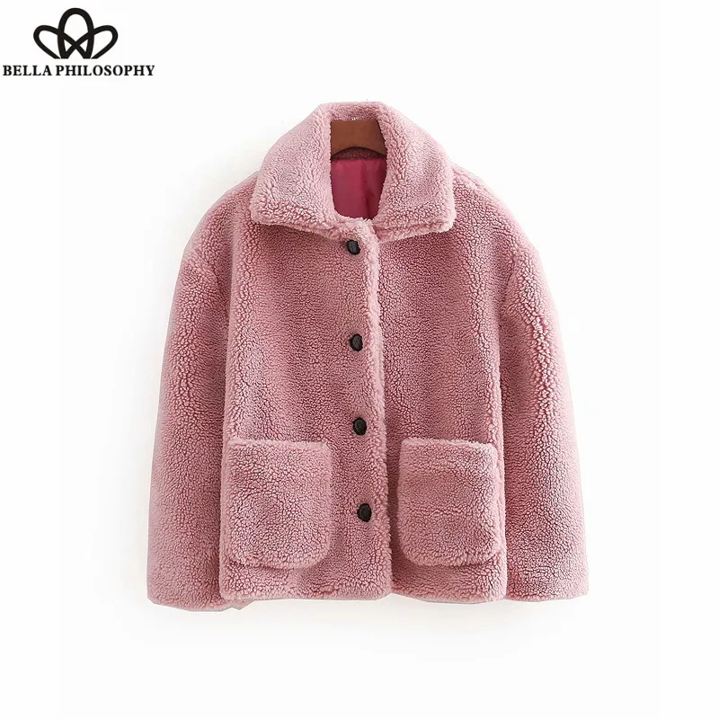 Wonder 2018 winter autumn solid color warm coat thick faux fur pockets long sleeve buttons outerwear coat lady sweet casual tops