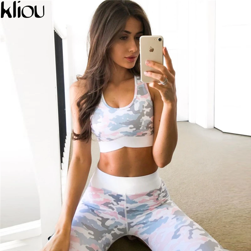 Kliou 2017 Women camouflag Fitness Clothing Suit Two Piece Sportswear Vest Pants Suits Crop Top Skinny mesh Legging Tracksuit
