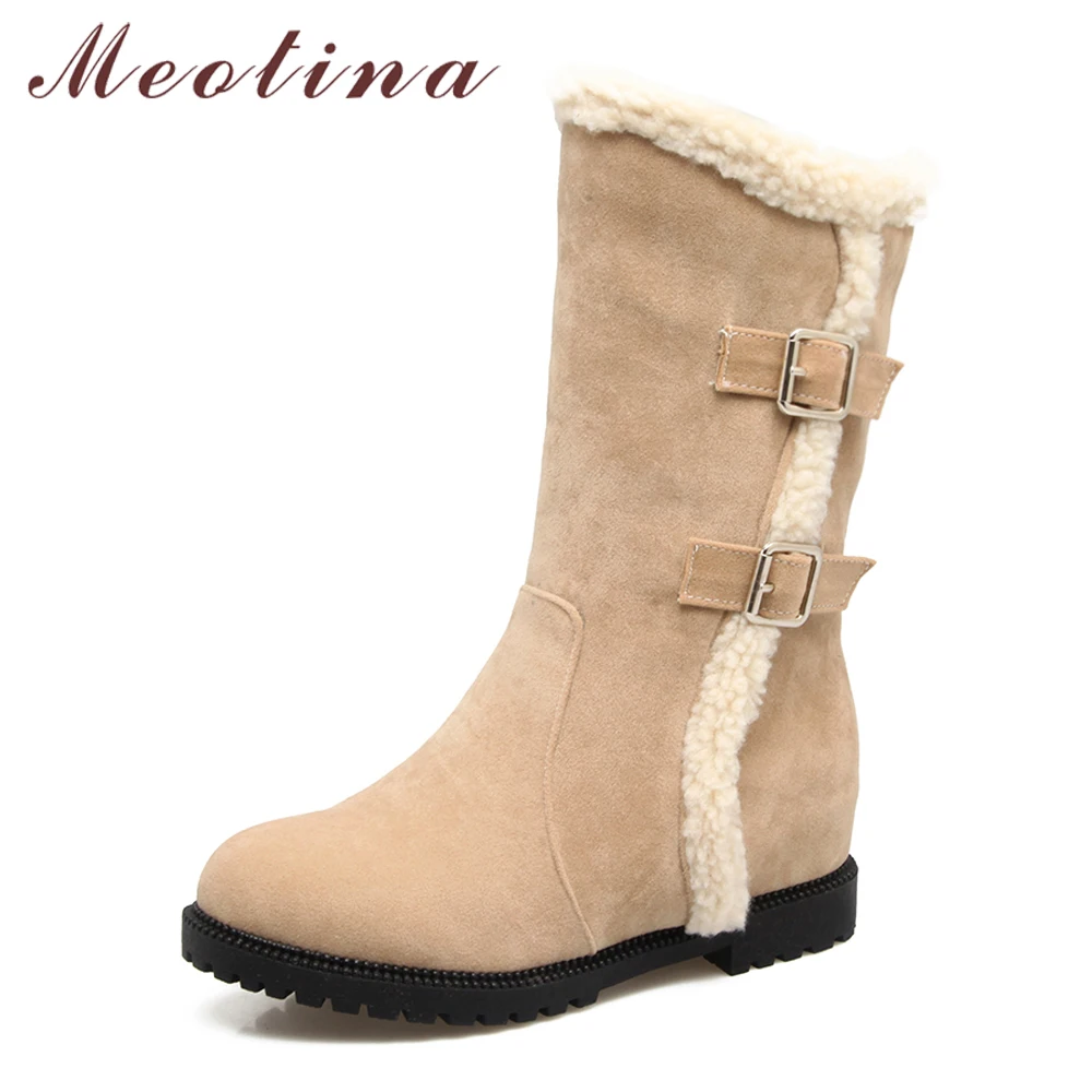 

Meotina Winter Mid Calf Boots Snow Boots Women Plush Round Toe Height Increasing Plush Boots Buckle Female Footwear Red 43