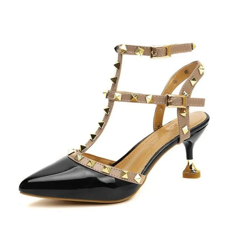 JINJOE/пикантная обувь женские летние босоножки с пряжкой и заклепками туфли на высоком каблуке модные тонкие туфли с острым носком на высоком каблуке 6,5 см - Цвет: Черный