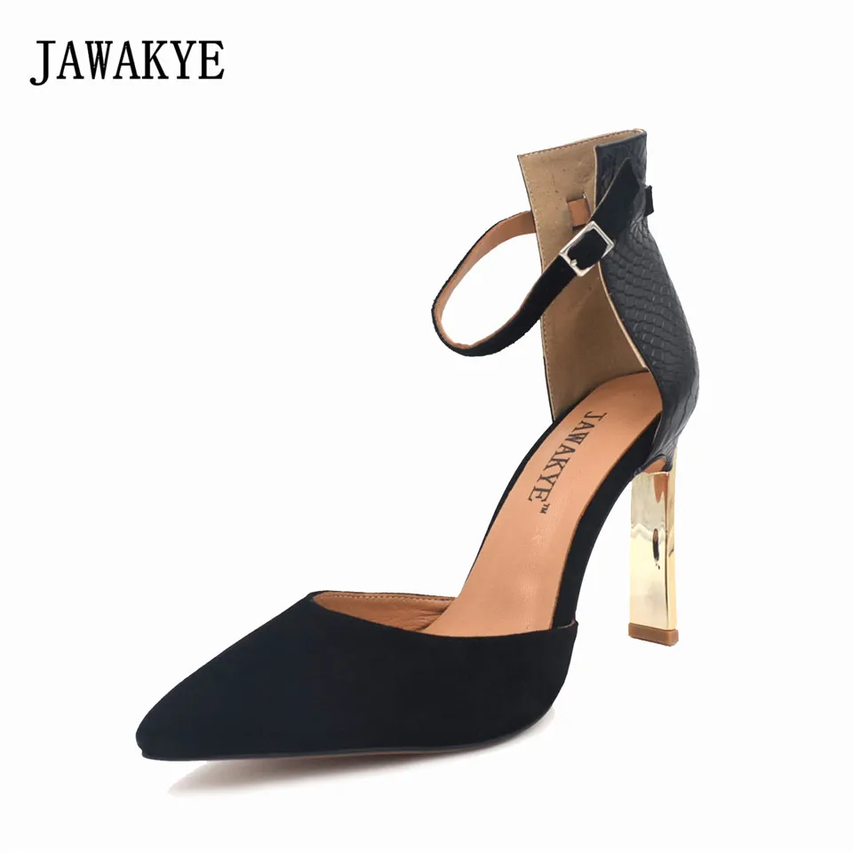 JAWAKYE Black Suede Snake Leather Super High Heel Shoes Point Toe Ankle