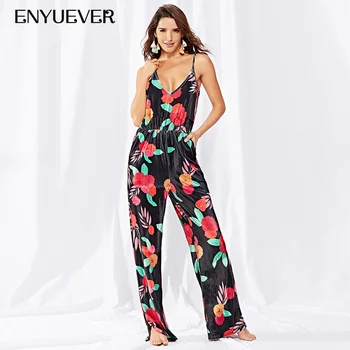 

Enyuever Romper Jumpsuit Floral Print Velvet Pants Sexy Spaghetti Strap Female Casual Party Playsuit Autumn Women Streetwear