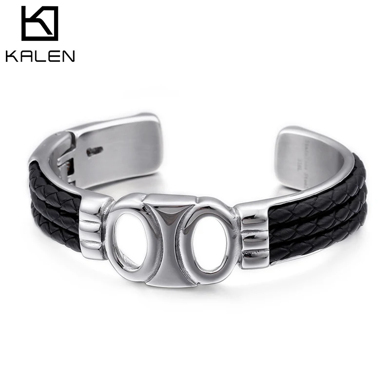 

Stainless Steel Double Round Circle Charm Bangles For Men Tri-layer Woven Leather Open Cuff Bangle Vintage Biker Jewelry