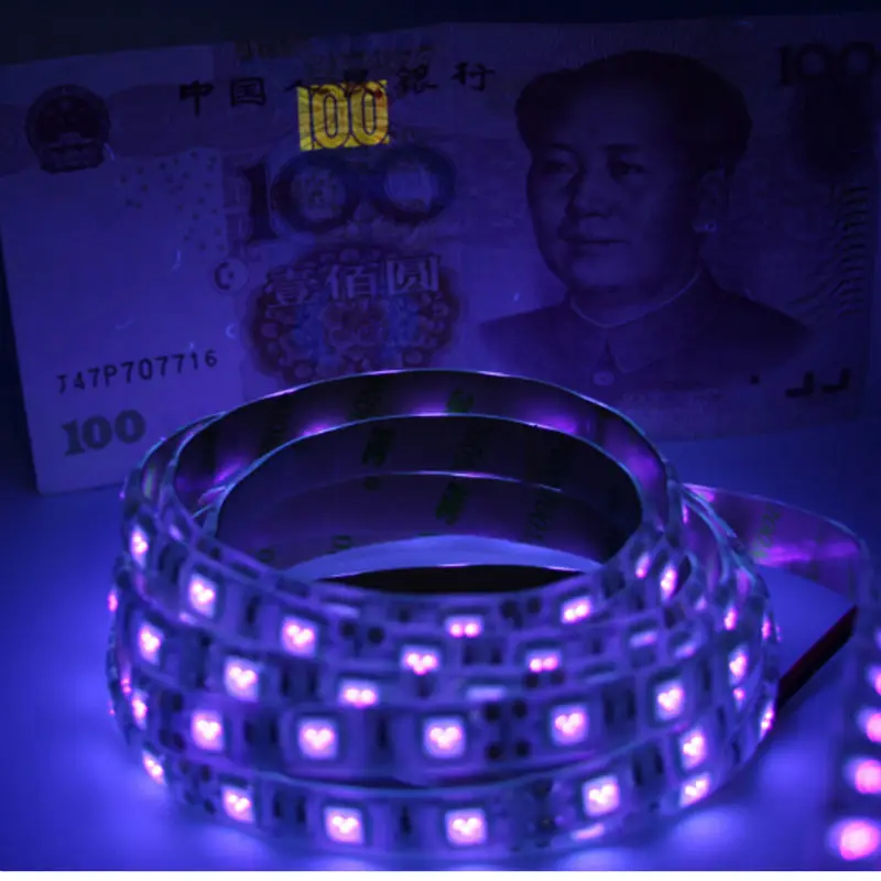 5m UV Led Strip light 5050 60leds/m 395-405nm Ultraviolet Ray waterproof LED Diode Ribbon Purple Flexible lamp+ power adapter