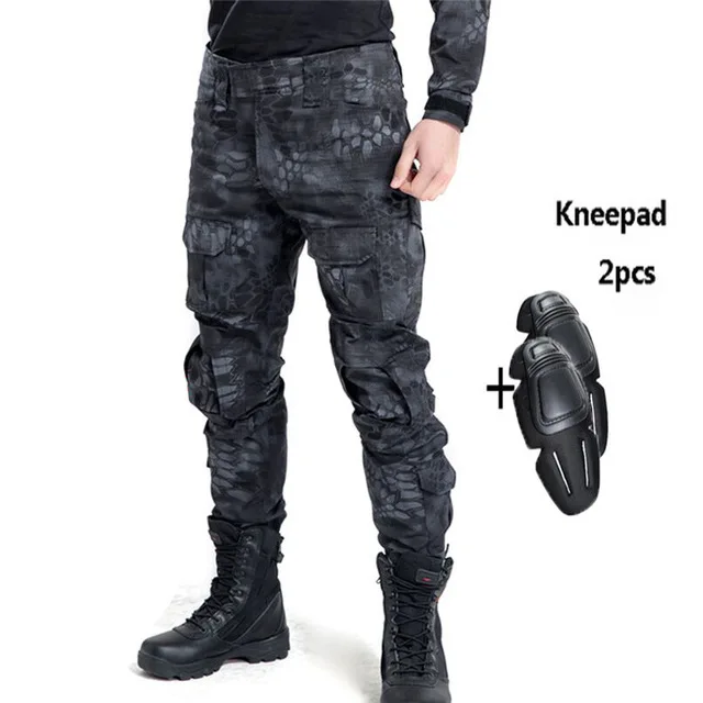 Армейские штаны охотничьи мужские камуфляжные военные брюки карго спецназа тактические брюки для улицы альпинистские штаны наколенники - Цвет: With Knee Pads