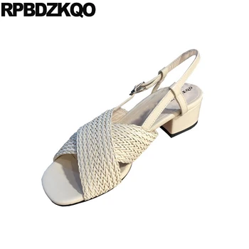 

Sandals Strap Runway Brown 2019 Open Toe Square Pumps Chunky Korean Summer Thick Designer Slingback Luxury Shoes Women Beige