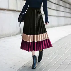 Осень 2019 Новая женская соединяющаяся в цвет бархатная плиссированная юбка для девочек модные Джокер длинные юбки