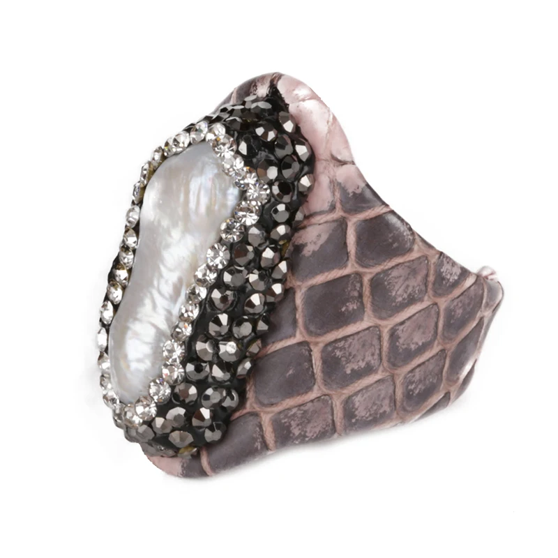 

long raw natural freshwater pearl bead pave rhinestone in real grey dusty rose pink snake leather open ring cuff adjustable