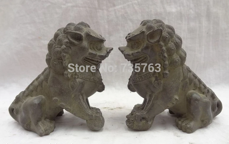 

001102 Chinese Bronze Collect Wealth Protect Foo Fu Dog Lion Ball Statue Animals Pair