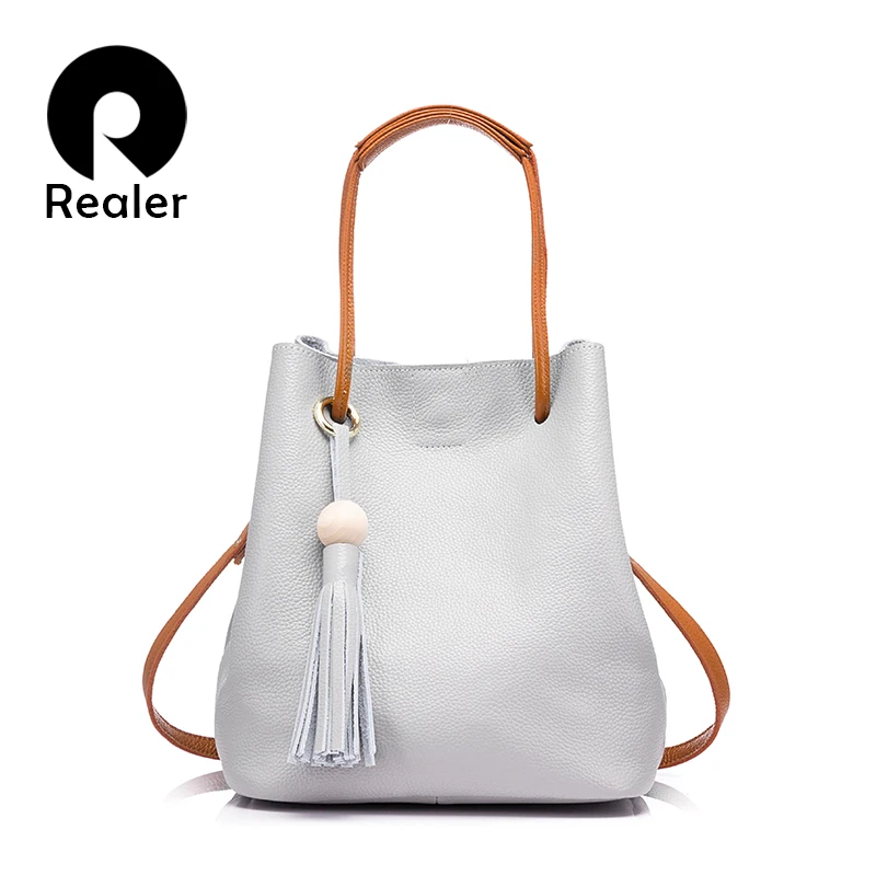 

REALER bag women genuine leather handbag female shoulder crossbody bag with tassel drawstring bucket ladies tote bag
