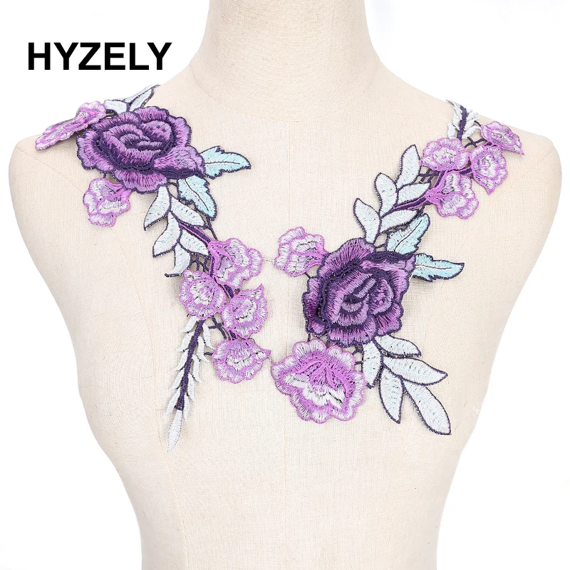 

1 Pair Wonderful Purple Lace Embroidered Trimming Neckline Collar Applique Crafts Mirror Lace Appliques NL050