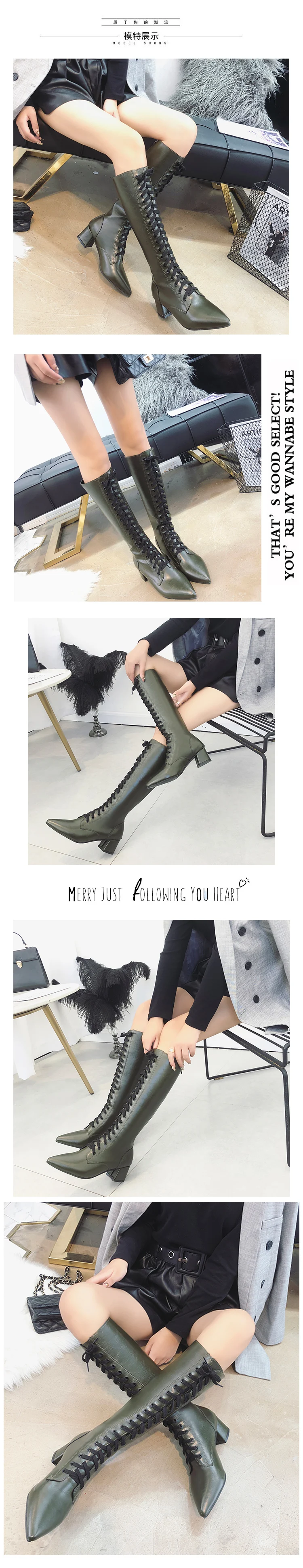 Женская обувь; женская зимняя обувь; кожаные сапоги до колена; брендовые женские зимние сапоги на шнуровке из высококачественной кожи; размеры 35-39