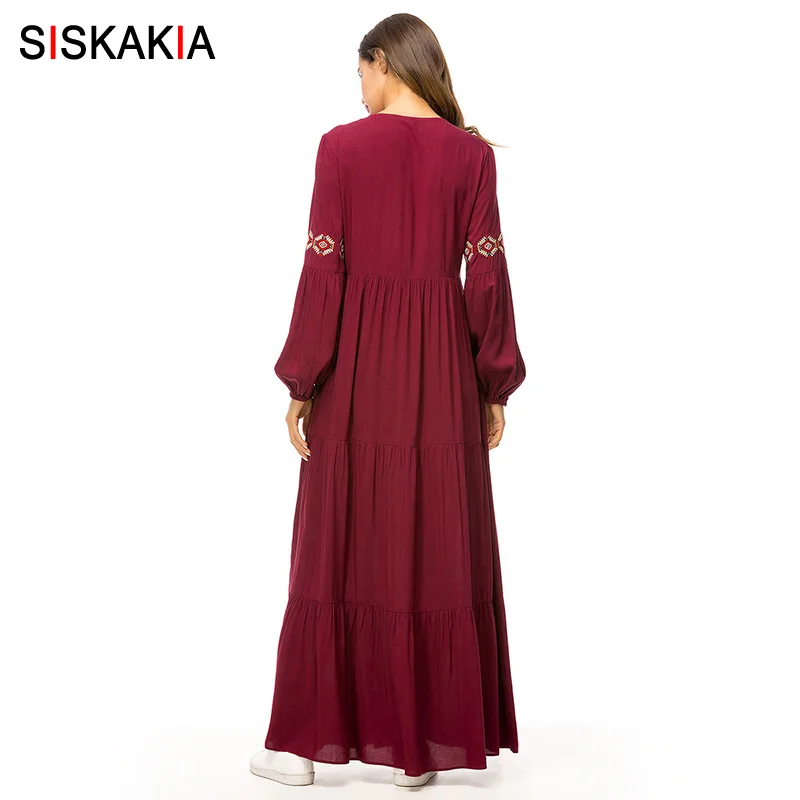 Siskakia Ethnic Geometric Embroidery Long Dress Autumn 2019 Women's Casual Maxi Dresses Long Sleeve Draped Swing Burgundy Fall