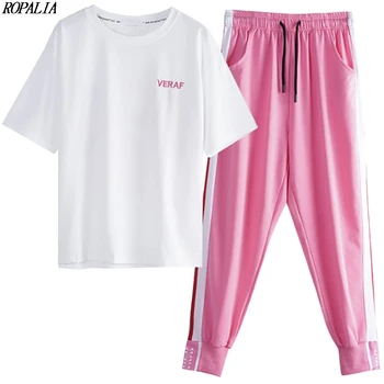 

2 Pieces Set Women O-Neck Letter & Cartoon Print Top And Ankle-Length Striped Print Elastic Waist Pants