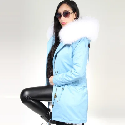 blue white Пальто с натуральным мехом, бренд, новинка, большой мех енота, с капюшоном, Длинная зимняя куртка, Женская парка, натуральный мех, для женщин, толстая теплая подкладка - Цвет: blue white