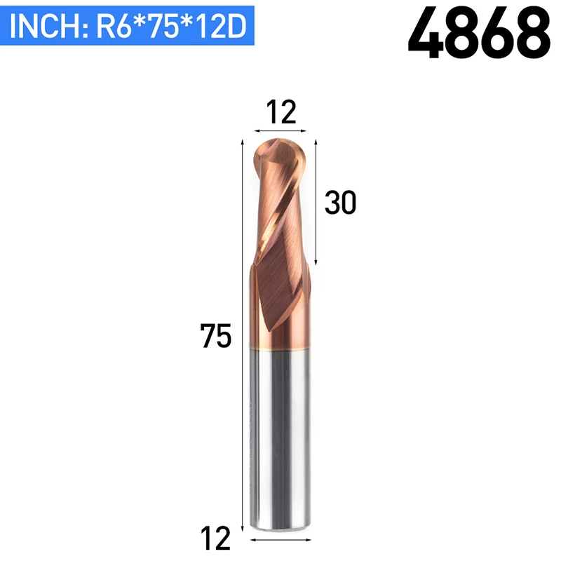 HUHAO 1pc HRC50 Tapered Ball Nose End Mill Tungsten Coated Ball Head Cutter Tungsten Steel R0.5-R6mm CNC Engraving Bit - Длина режущей кромки: 4868