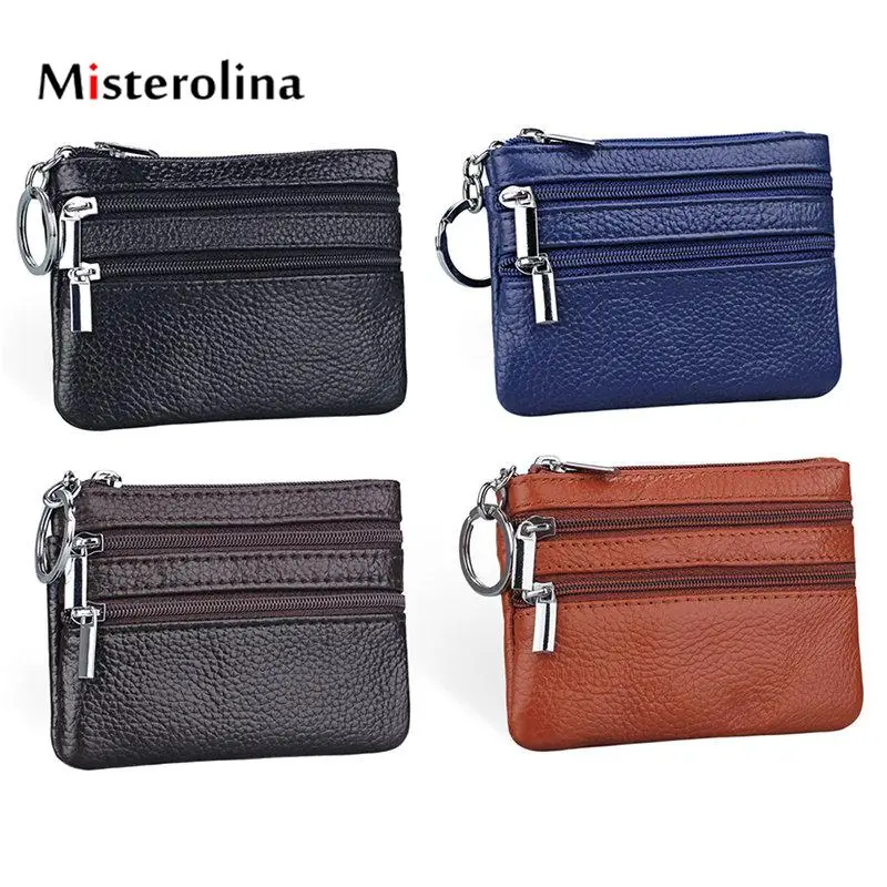 

Misterolina Female Coin Purse Leather Square Zipper Coin Bags Men Vintage Small Purse Keychain Solid Genuine Leather Wallets