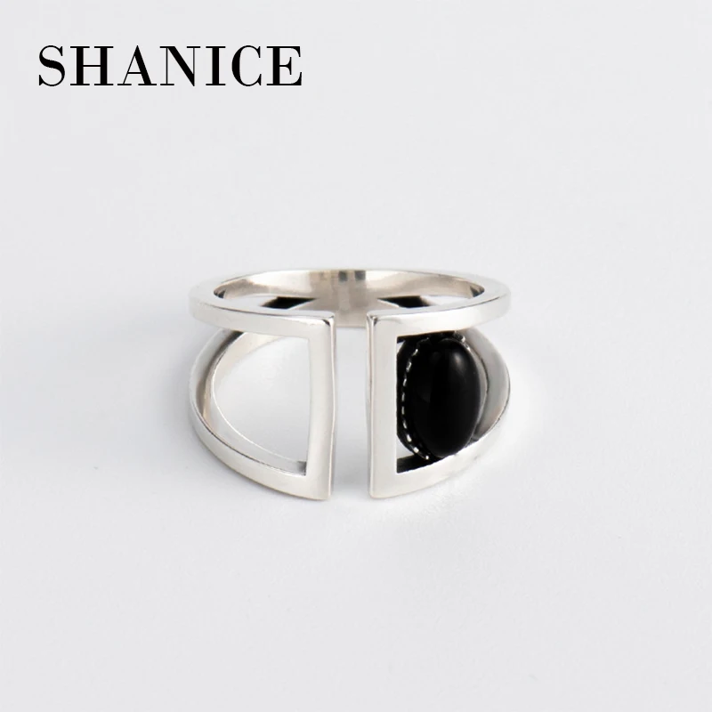 

SHANICE Vintage Thai Silver Geometric Ring Black Stone Adjustable Cuff Antique Ring Old Jewelry Sterling Silver Rings Female