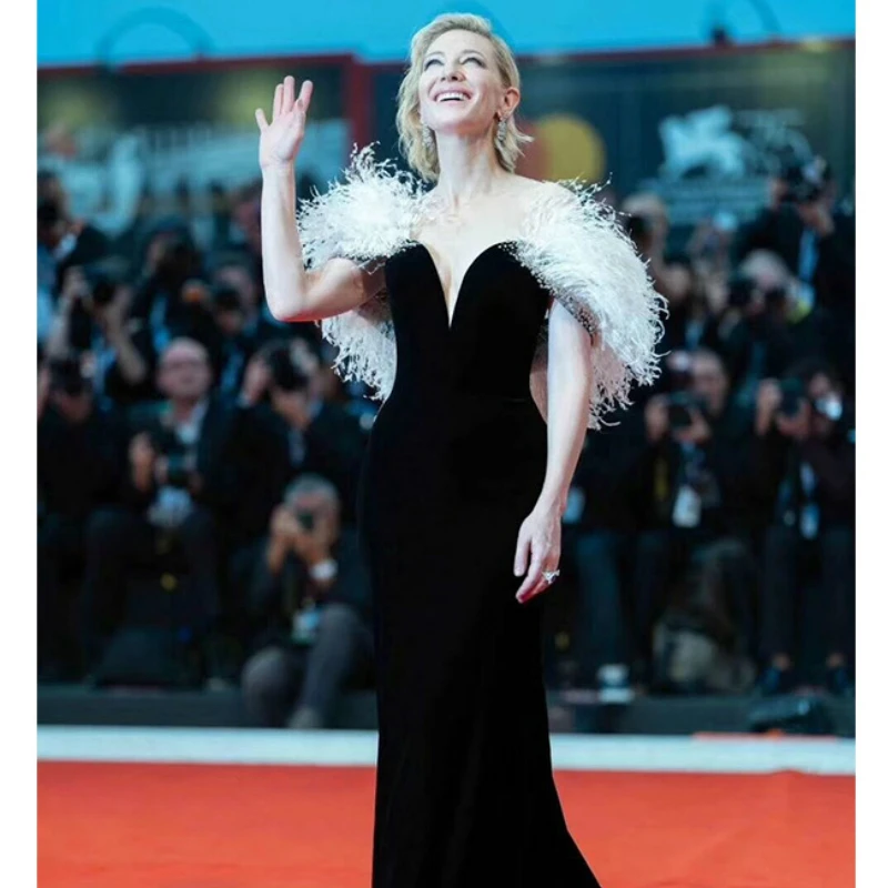 New Ostrich feather Black Velvet Off The Shoulder Mermaid Long Vestidos De Festa Lace Up Celebrity Evening Party Dresses