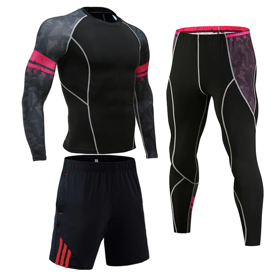 Спортивный костюм мужской костюм для тренажерного зала для бега сжатый MMA Набор для фитнес-тренировок шорты Кроссфит+ футболка с коротким рукавом мужские Леггинсы S-4XL - Цвет: 3-piece suit 6