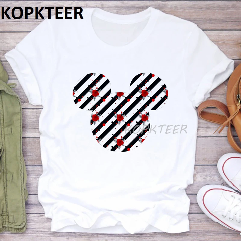 

Camisetas Verano Mujer 2019 Women Clothes Harajuku T Shirt Aesthetics Rose Stripe Print Mickey Kawaii Tops Tee Shirt Femme