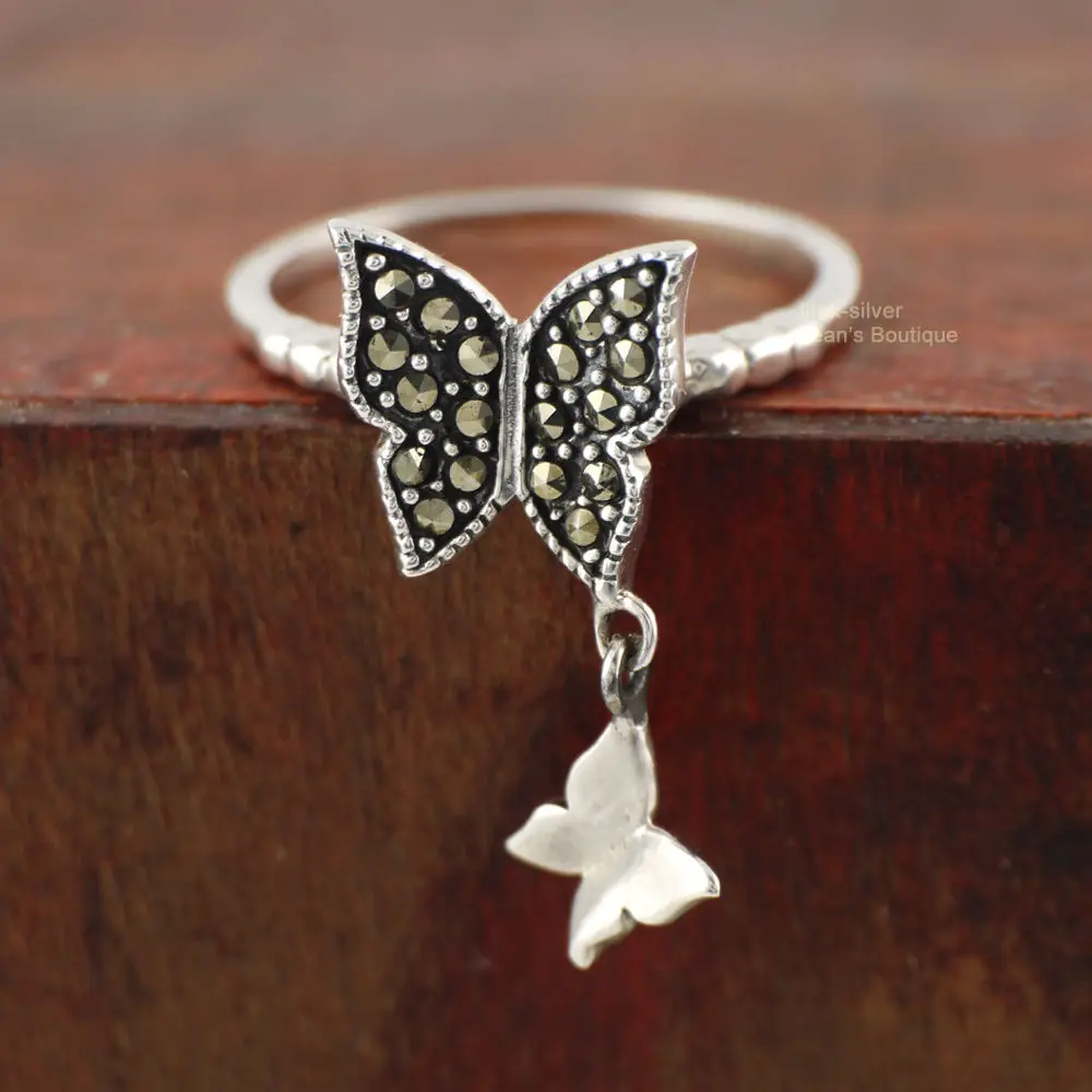 Sterling Silver Retro Oxidized Ethnic Marcasite Butterflies Ring A3020