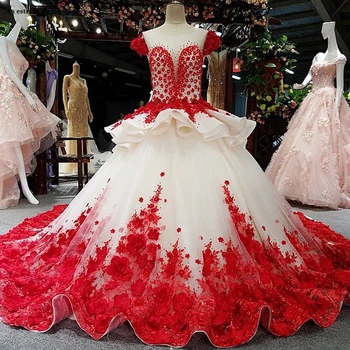 

La estrella de mar vestido noiva 2019 new Scoop flower crystal short sleeve aLin red wedding dress long plus size trouwjurk
