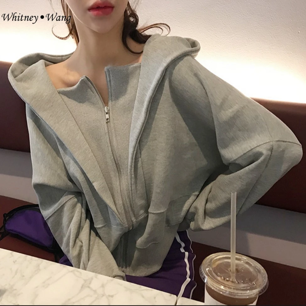 Уличная мода WHITNEY WANG весна осень 2019 свитшот на молнии с капюшоном в Корейском