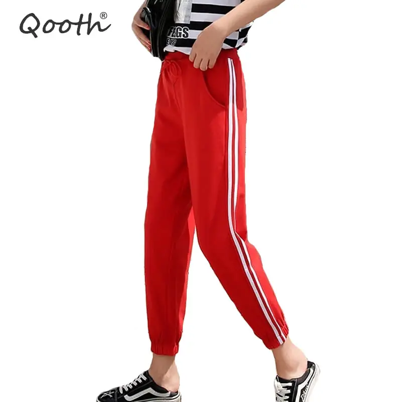 Qooth 2018 Autumn Joggers Women Side Striped Sweatpants