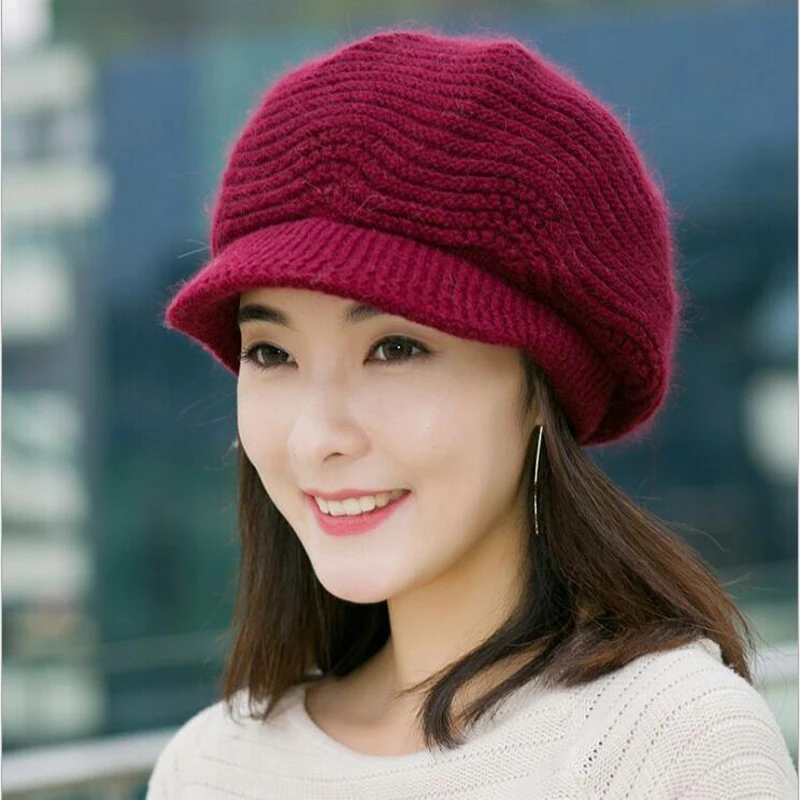 Новинка, зимняя женская шапка, теплая, Вязанная, утолщенная, мех кролика, шерсть, берет, шапка бини, шапка, козырек, шапка для женщин, шапка s Boina Feminino