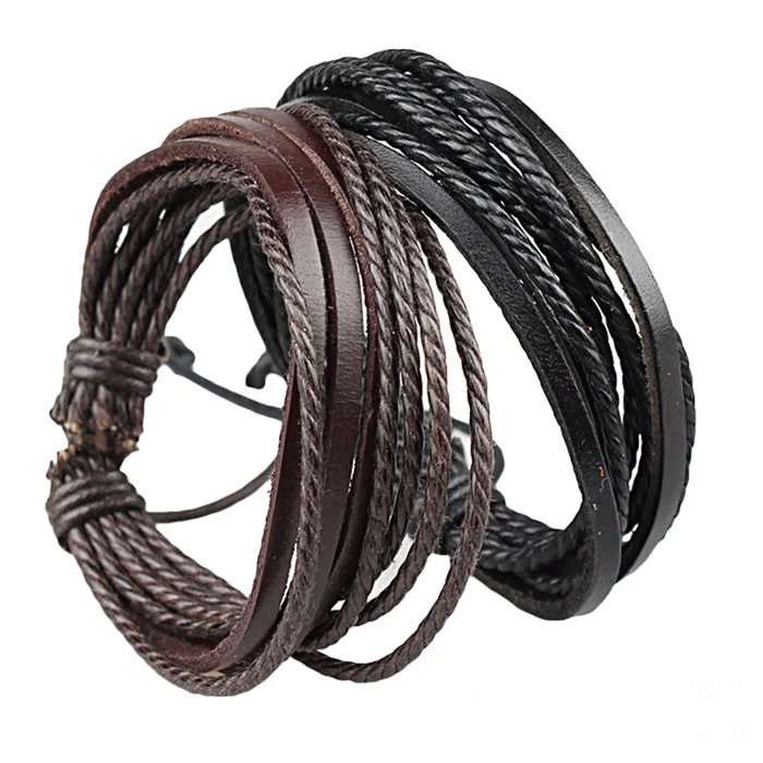 Europe Punk Hand Made Bangles For Men And Women Black And Brown Braided Rope Wristband Cuff Leather Bracelet Adjustable