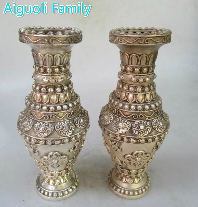 

Collectible 1 Pair of Chinese Ming /Qing Dynasty Decorated Old Handwork Tibet Silver Tibetan Style Vase