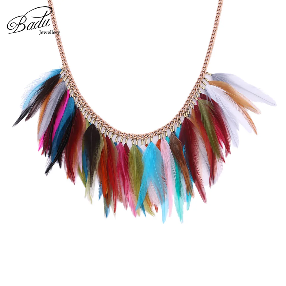

Badu Short Chain Necklace for Party Women Colorful Rooster Feather Collar Choker Rose Gold Chain Necklaces Halloween Wholesale
