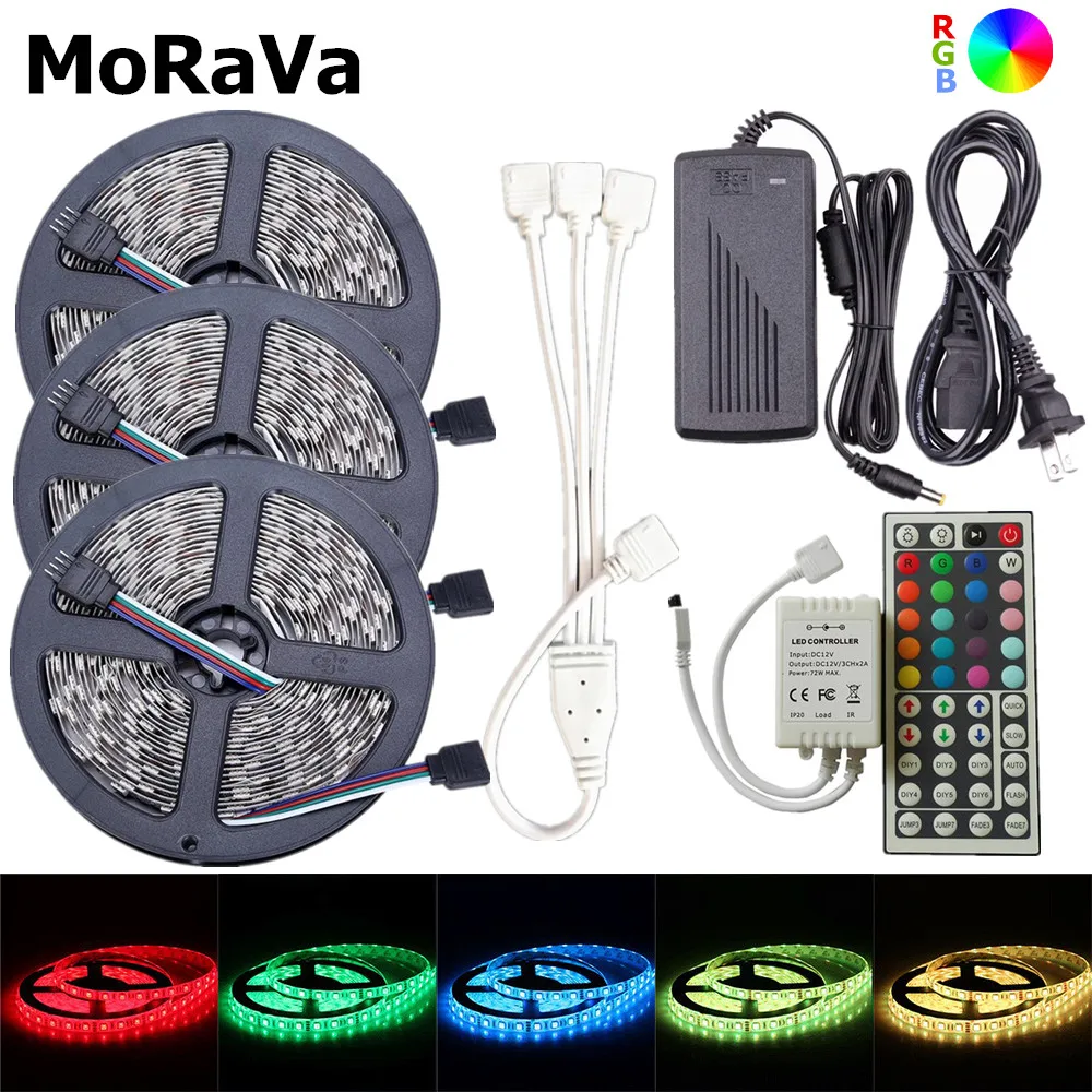 

LED Strip Lighting SMD 5050 12V RGB Diode Tape Non waterproof Flexible Rope Light+44key LED Controller+12V LED Power Adapter