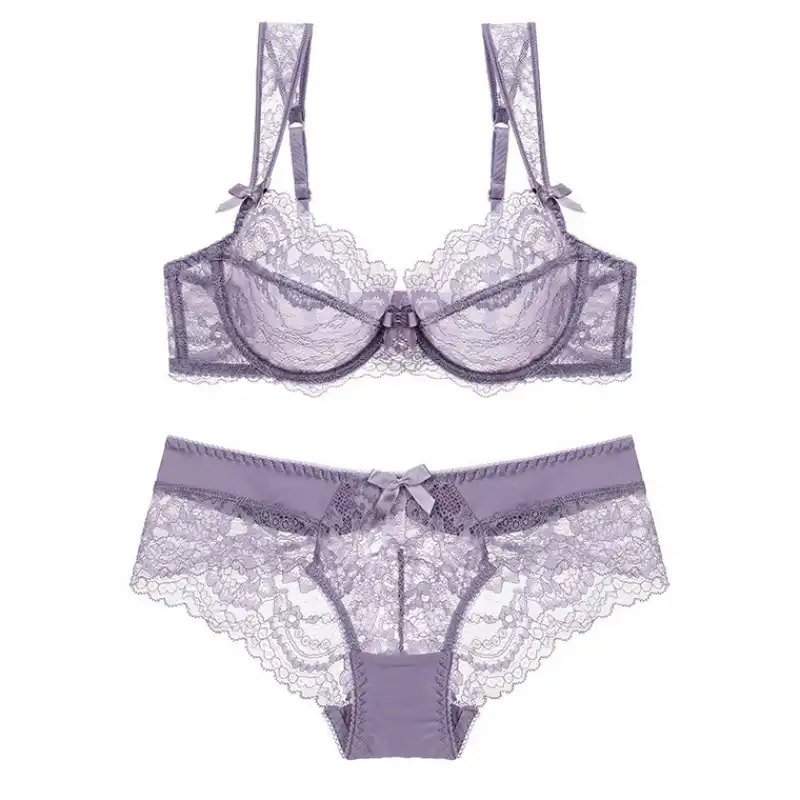Sexy Transparent Lingerie Set Lace Brassiere Plus Size See Through Sexy Women Underwear Purple