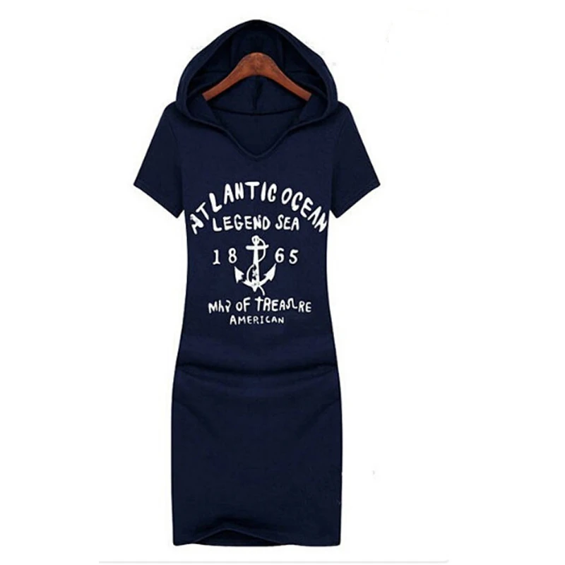 

Women Casual Long T-Shirts Letter Anchors Print Bandage Long Tees Shirt Woman Summer Short Sleeve Hooded Vestidos Tops